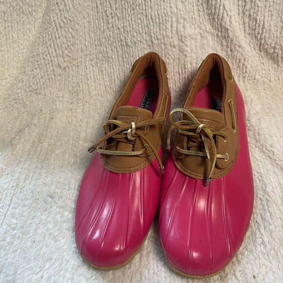Sperry Top Spider Pink and Tan low profile duck shoes Women's Rain Boots SZ12 - Picture 3 of 12